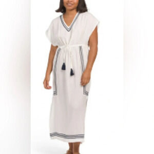 Rachel Zoe NWOT Swim Cover white w/navy embroidered Kaftan, v-neck, hem & sides